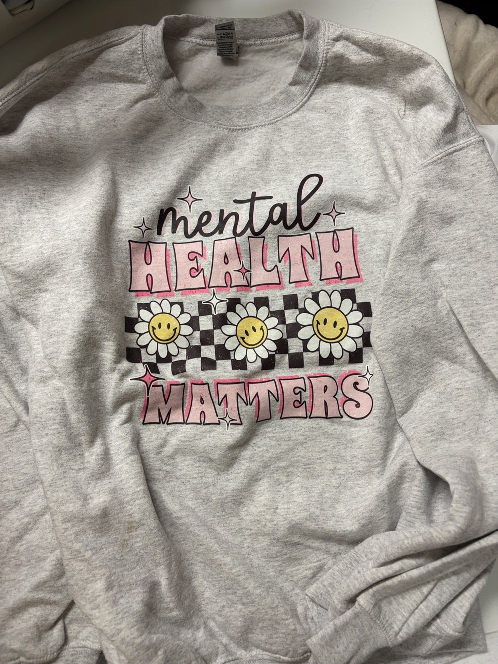 Gildan Gray Crewneck Sweatshirt with Pink Mental Health Graphic